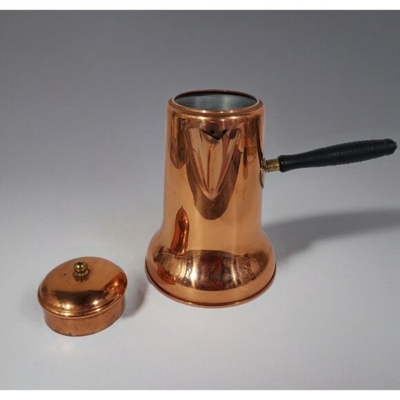 Copper Pot Chocolate Coffee Tea Kettle 8” Brass Wood Side Handle Vintage - Picture 3 of 13